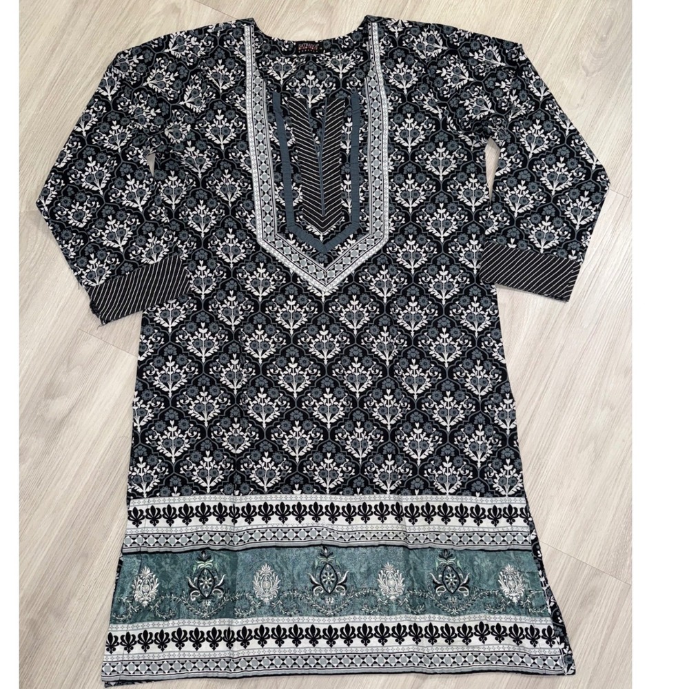 Satrangi Bonanza Womens Kurta Tunic Top Black White Floral Teal Size 14